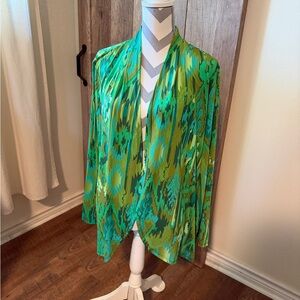 Bob Mackie XL Wearable Art Green Teal Abstract Ikat Open Front Cardigan jacket